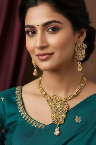 Gold plated temple jewellery necklace set with earrings for women