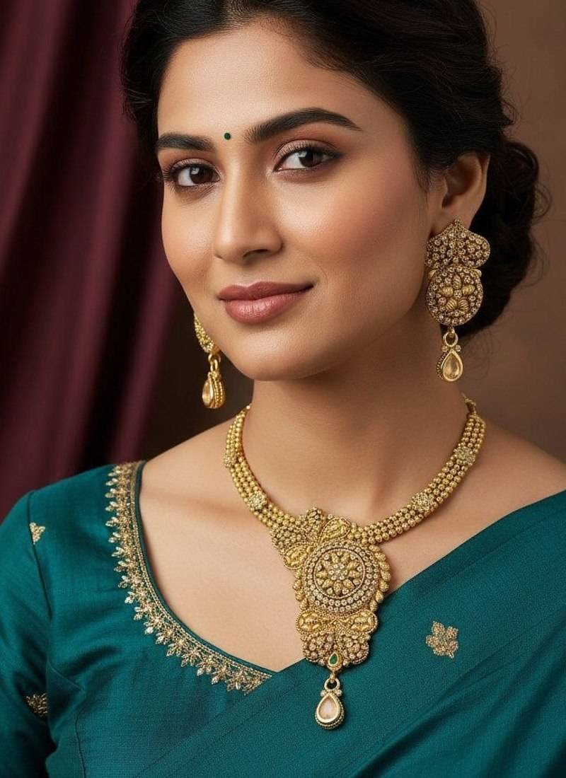 Gold plated temple jewellery necklace set with earrings for women