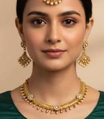Gold plated kundan pearl choker necklace set with earrings & maang tikka for women