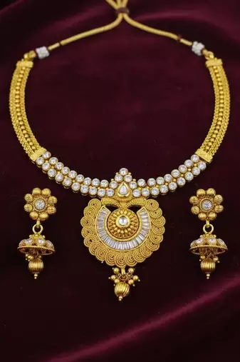 Gold plated kundan ad stone necklace set with earrings for women
