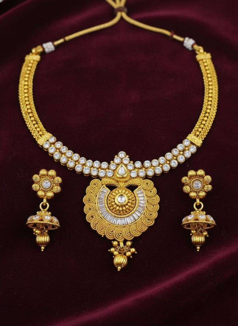 Gold plated kundan ad stone necklace set with earrings for women