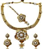 Premium gold plated kundan pearl choker necklace set with earrings & maang tikka