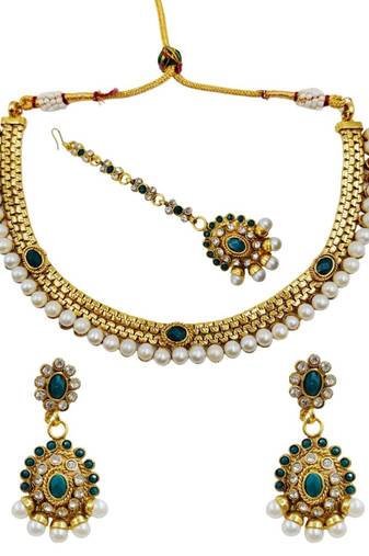 Premium gold plated kundan pearl choker necklace set with earrings & maang tikka