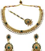 Premium gold plated kundan pearl choker necklace set with earrings & maang tikka