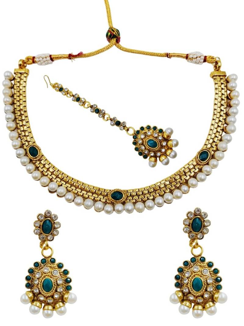 Premium gold plated kundan pearl choker necklace set with earrings & maang tikka