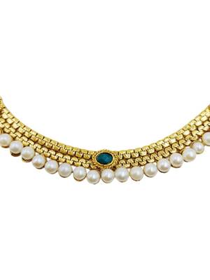 Premium gold plated kundan pearl choker necklace set with earrings & maang tikka 2