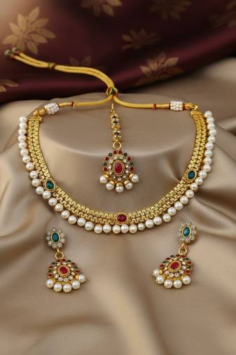 Designer gold plated kundan pearl bridal choker set with earrings & tikka