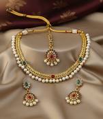 Designer gold plated kundan pearl bridal choker set with earrings & tikka