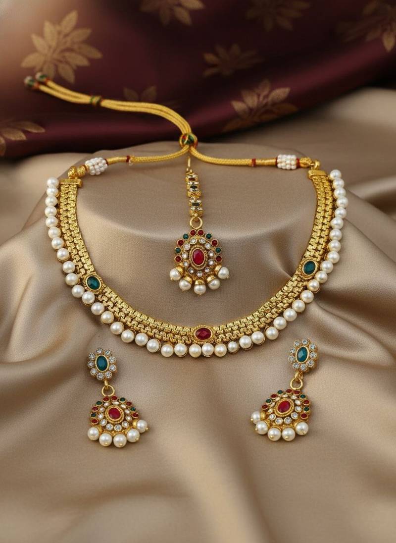 Designer gold plated kundan pearl bridal choker set with earrings & tikka