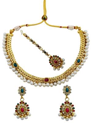 Designer gold plated kundan pearl bridal choker set with earrings & tikka 2