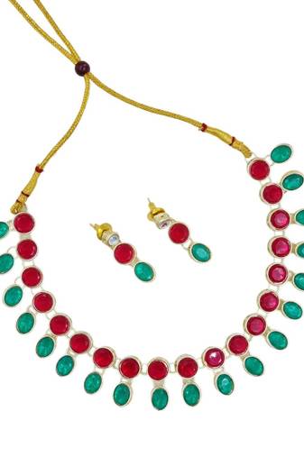Traditional red & green gold plated stone jewellery set for women