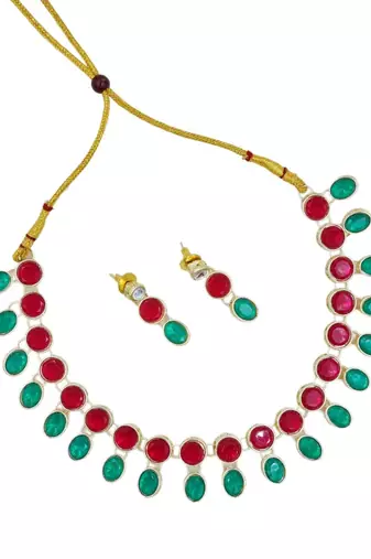 Traditional red & green gold plated stone jewellery set for women