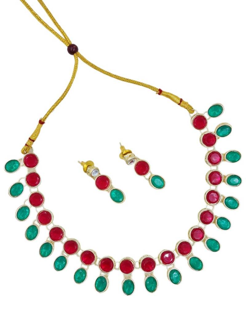 Traditional red & green gold plated stone jewellery set for women