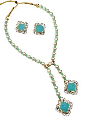 Designer gold plated mint green stone pearl necklace set with earrings 1
