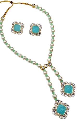 Designer gold plated mint green stone pearl necklace set with earrings