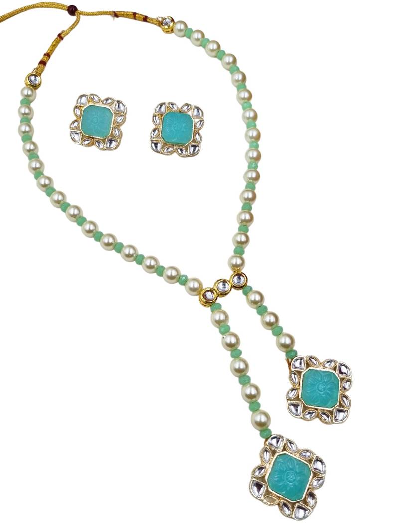 Designer gold plated mint green stone pearl necklace set with earrings