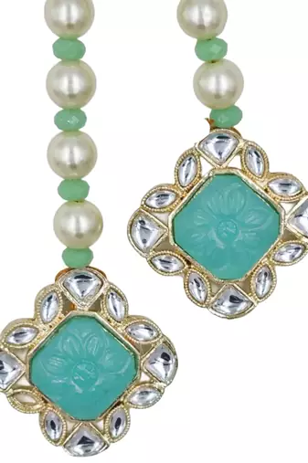 Designer gold plated mint green stone pearl necklace set with earrings