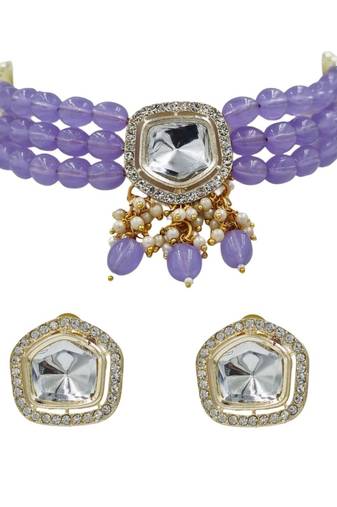 Purple beaded choker necklace set with earrings for women