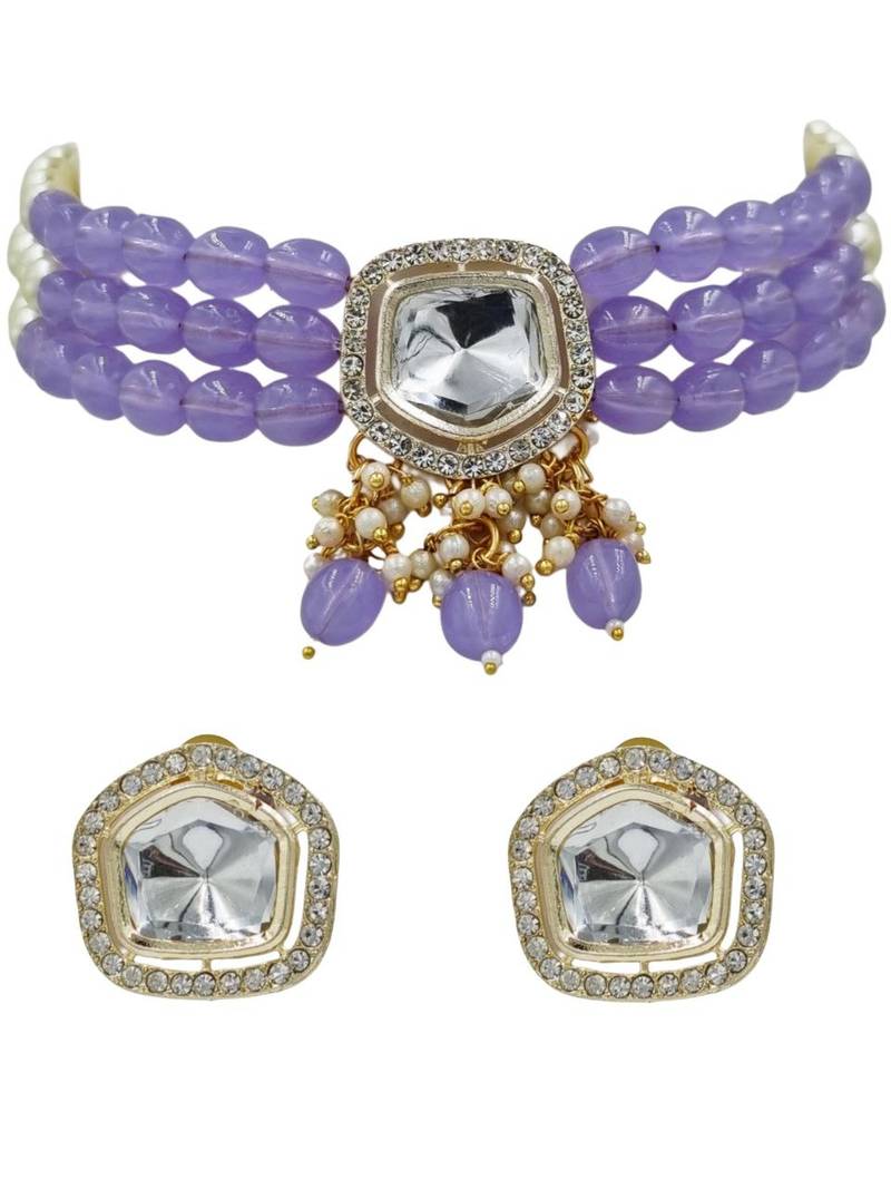 Purple beaded choker necklace set with earrings for women
