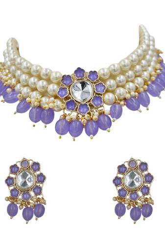 Purple beaded choker necklace set with earrings for women