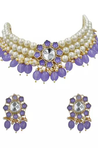 Purple beaded choker necklace set with earrings for women