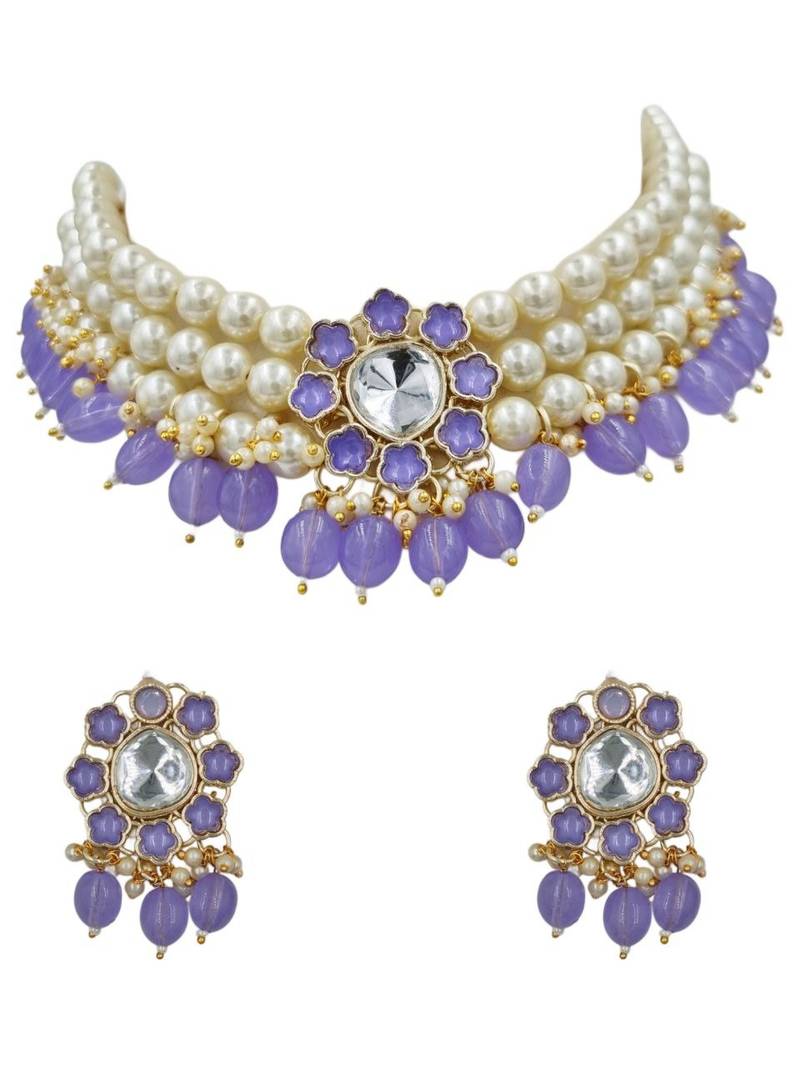 Purple beaded choker necklace set with earrings for women