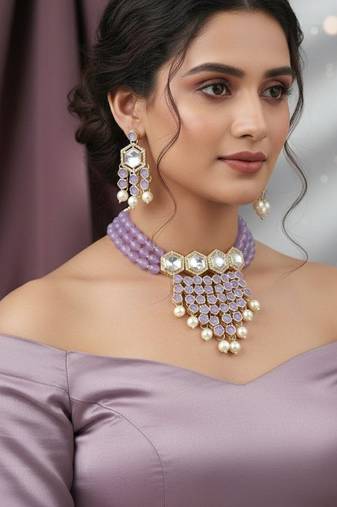 Purple beaded choker necklace set with earrings for women