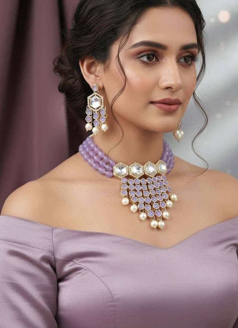 Purple beaded choker necklace set with earrings for women