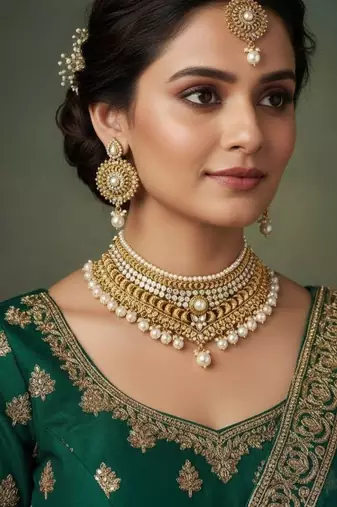 Gold plated pearl stone studded designer choker jewellery set for women