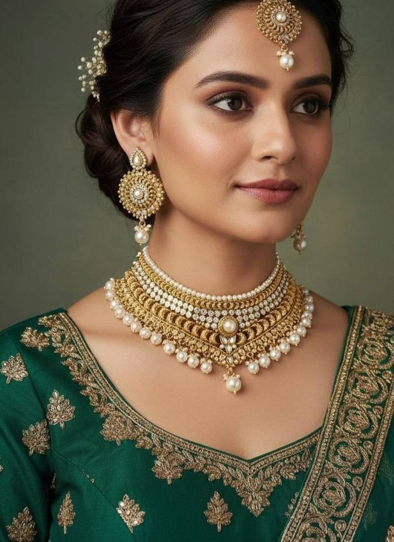 Gold plated pearl stone studded designer choker jewellery set for women