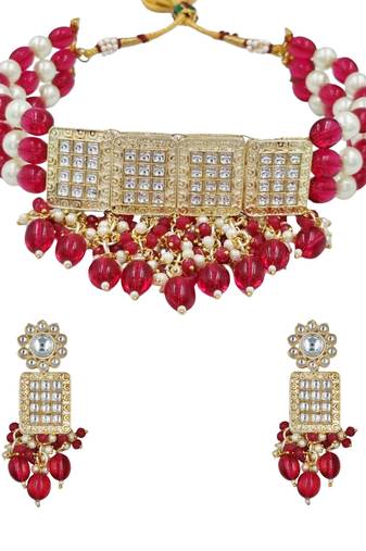 Red beaded kundan choker necklace set with earrings for women