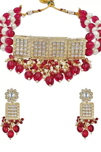Red beaded kundan choker necklace set with earrings for women