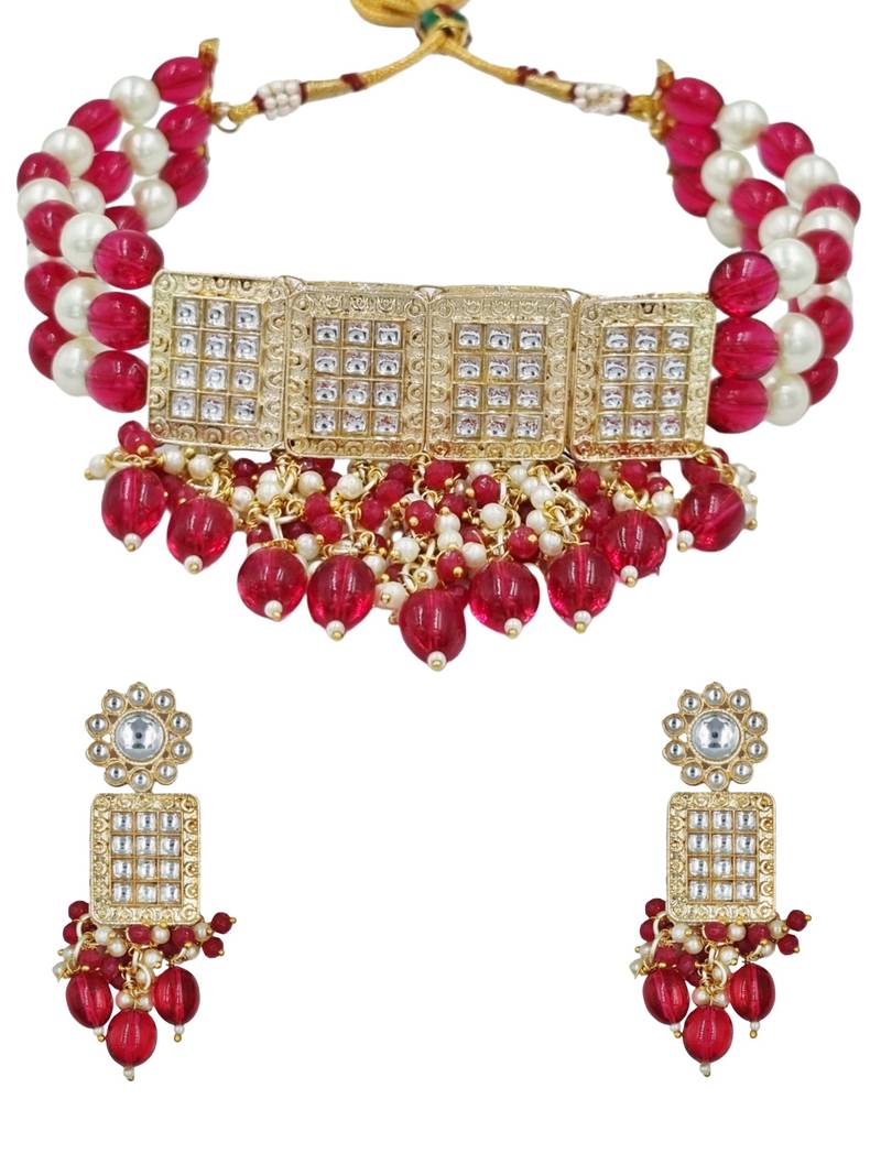 Red beaded kundan choker necklace set with earrings for women