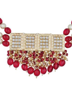 Red beaded kundan choker necklace set with earrings for women 2