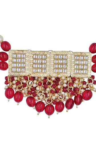 Red beaded kundan choker necklace set with earrings for women