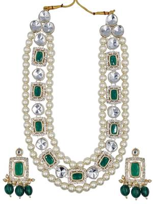 Green kundan pearl long necklace set with earrings bridal jewellery 1