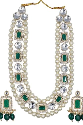 Green kundan pearl long necklace set with earrings bridal jewellery