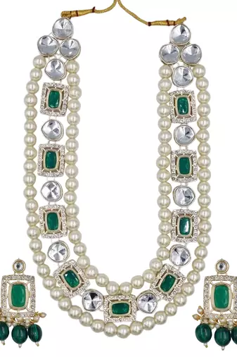 Green kundan pearl long necklace set with earrings bridal jewellery