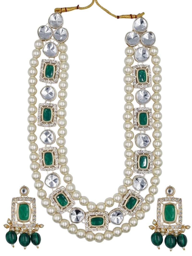 Green kundan pearl long necklace set with earrings bridal jewellery