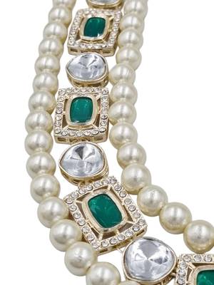 Green kundan pearl long necklace set with earrings bridal jewellery 2