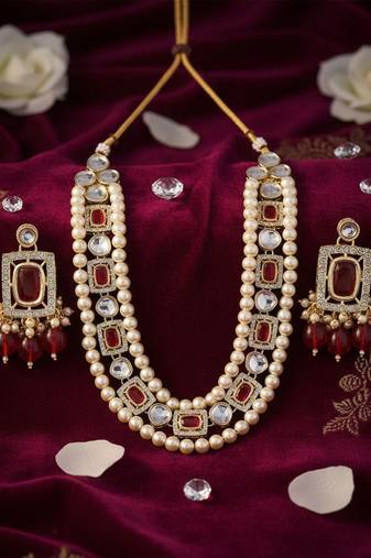 Ruby kundan pearl long necklace set with earrings bridal jewellery