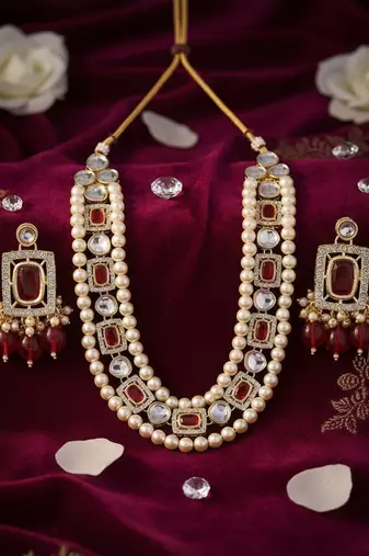 Ruby kundan pearl long necklace set with earrings bridal jewellery