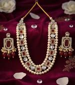 Ruby kundan pearl long necklace set with earrings bridal jewellery