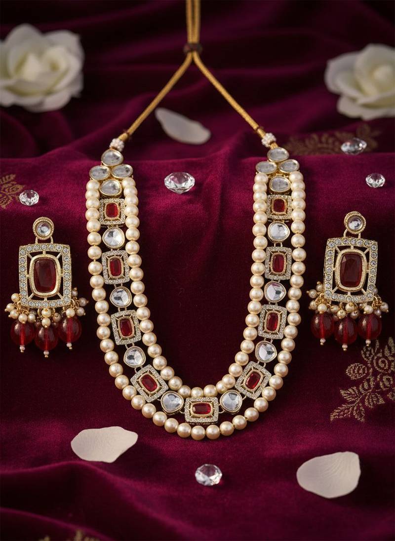 Ruby kundan pearl long necklace set with earrings bridal jewellery
