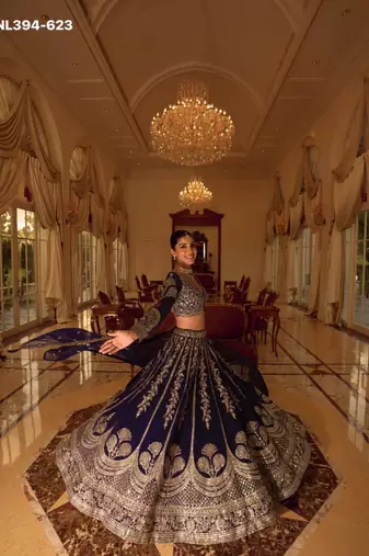 navy blue art silk embroidered lehengas