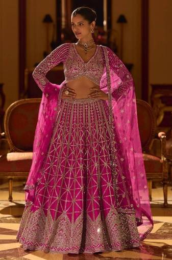 rani pink art silk embroidered lehengas