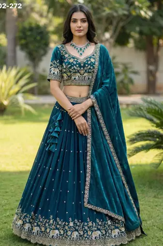 teal blue silk blend embroidered lehengas