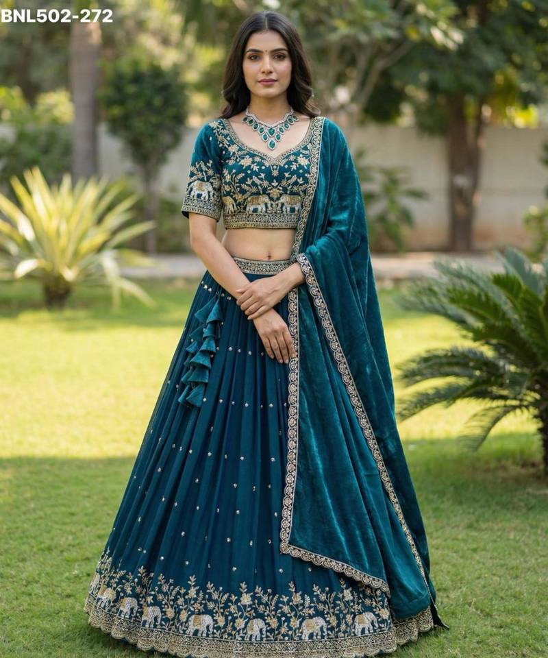 teal blue silk blend embroidered lehengas