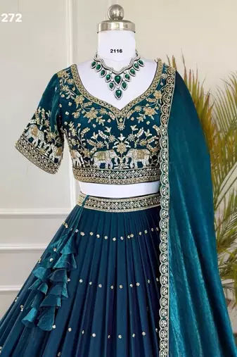 teal blue silk blend embroidered lehengas