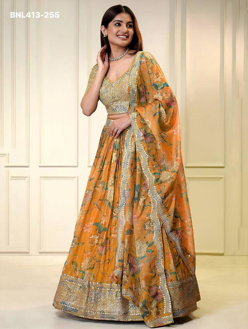 orange organza printed lehengas